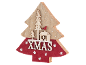 Wooden Christmas tree decoration with XMAS text, a house, and trees.