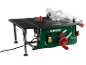 Green and black table saw with red accents, featuring angle adjustments.