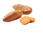 Whole and sliced sweet potatoes with orange flesh.