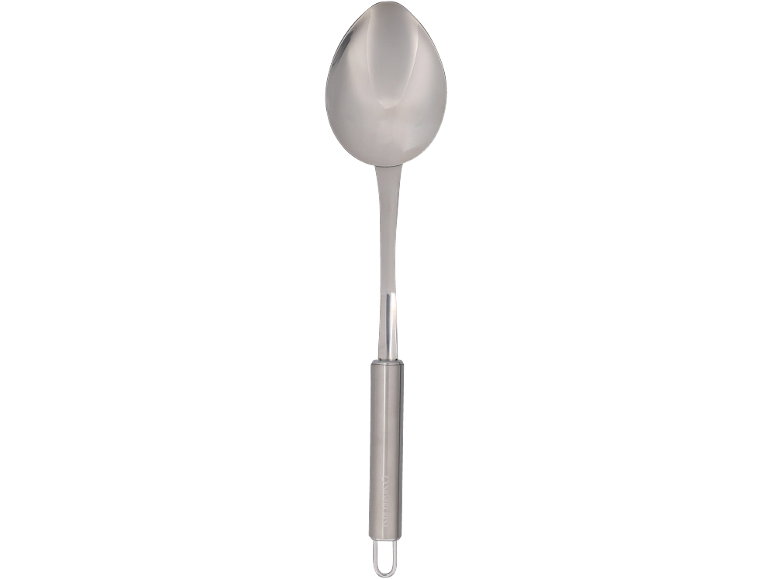 Metal kitchen ladle with a cylindrical handle and a hanging loop.