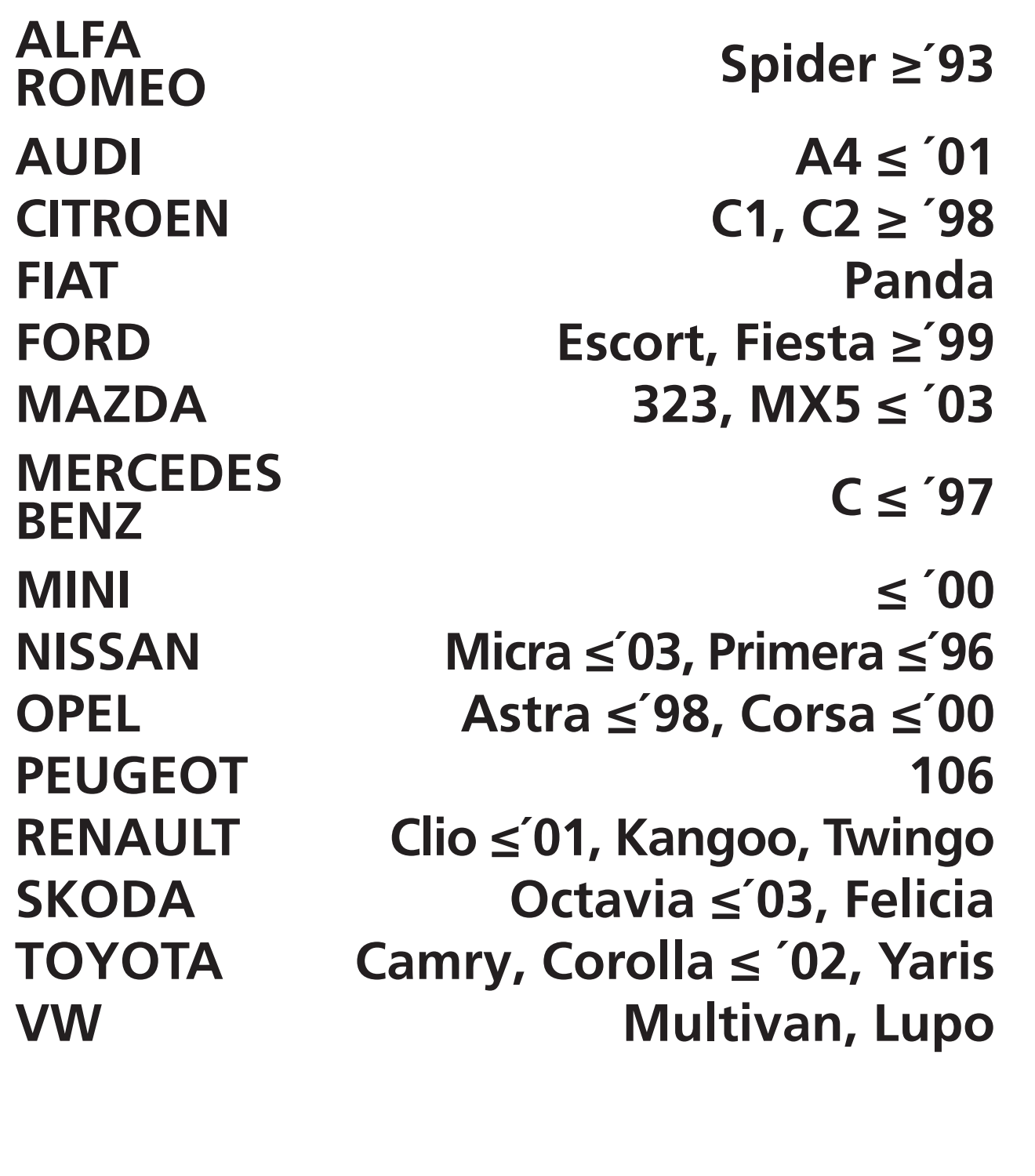 Car models and their production year ranges, e.g., Spider ≥'93, A4 ≤ '01, C1, C2 ≥ '98.