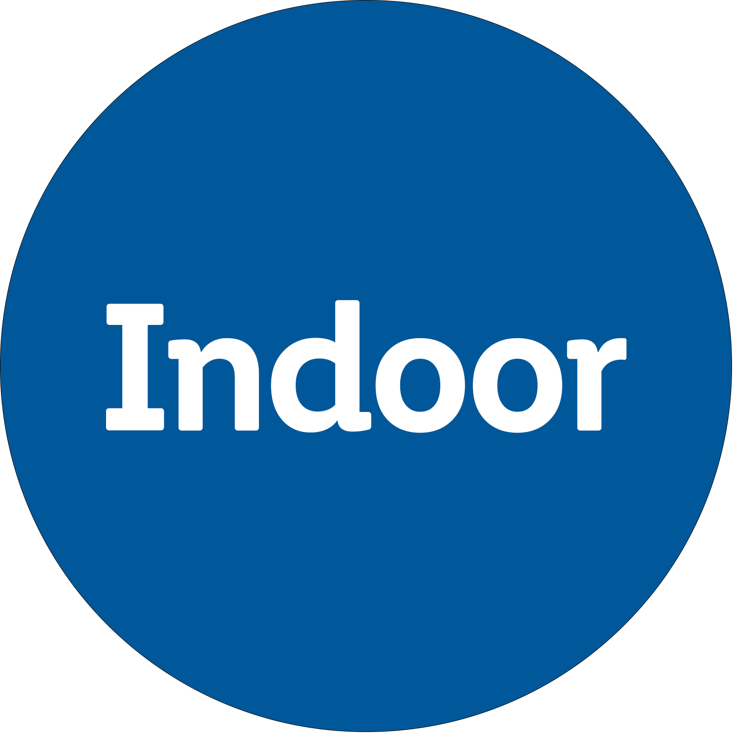 Blue round badge with white Indoor text