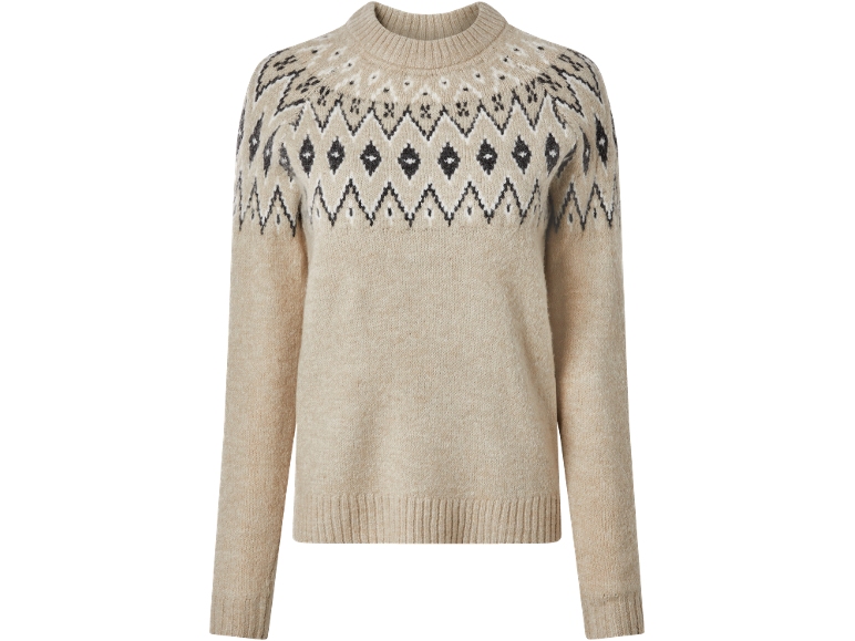 Beige knitted sweater with black and white jacquard pattern on the yoke.