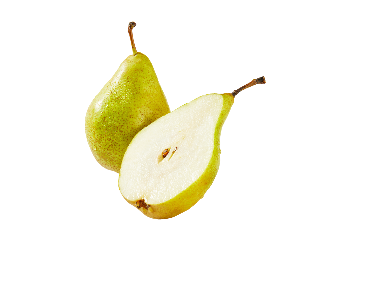 Two fresh green pears, one whole and one cut in half, with visible seeds.