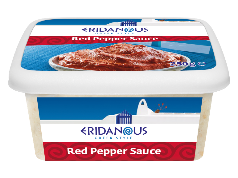 Greek style red pepper sauce in a 250g container.