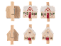 Six wooden Christmas house clothes pegs on a black background.
