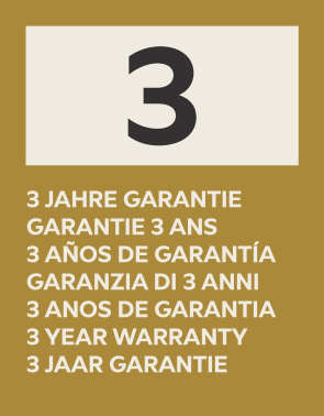 3-year warranty seal in multiple languages.