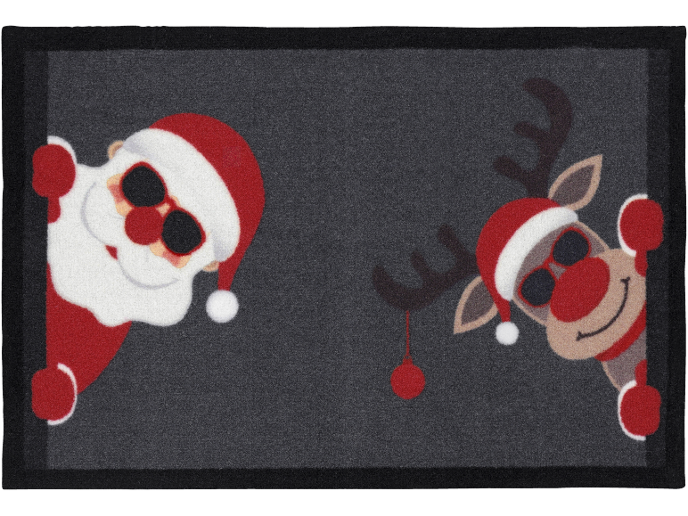 Christmas doormat with Santa and a reindeer wearing sunglasses, peeking from the corners.