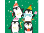 Four cute penguins wearing Christmas hats on a green snowy background.