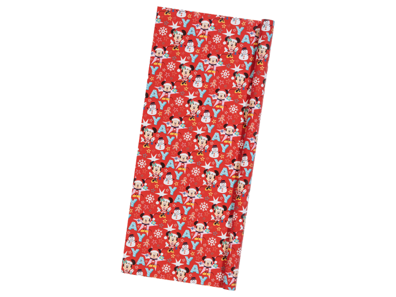 Red Christmas wrapping paper with Santa, snowmen, and 'YAY' text.