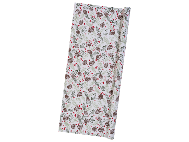 Gift wrap with a pattern of pine cones, branches, and red berries.