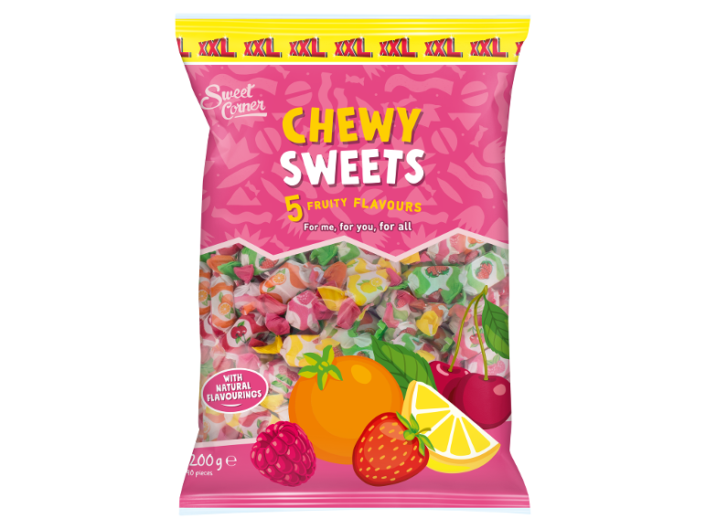 Pink bag of chewy sweets with 5 fruity flavours, natural flavourings, and fruit illustrations.