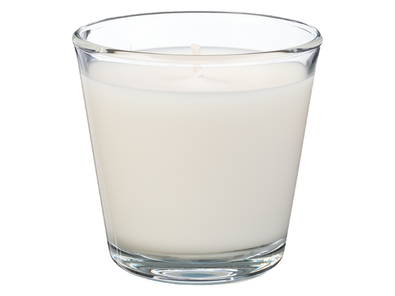 White candle in a glass jar.
