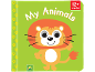 Baby book 'My Animals' with a smiling lion and googly eyes, for 12+ months.
