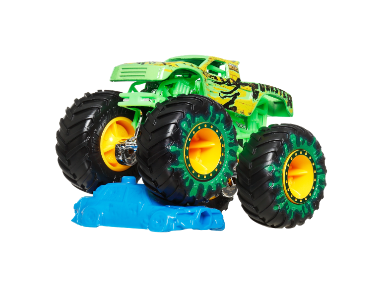 Green monster truck with yellow rims and a blue crush car.