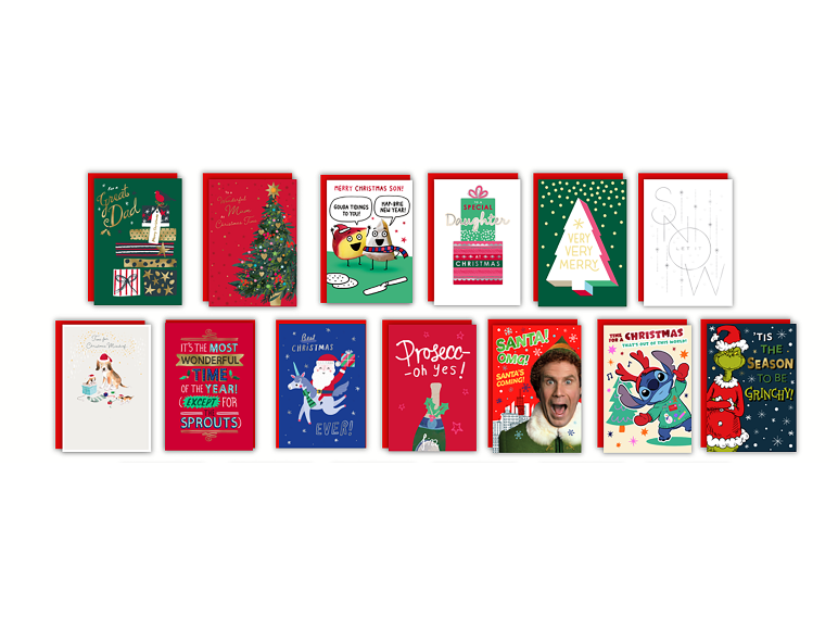 A selection of various, colorful and fun Christmas cards.
