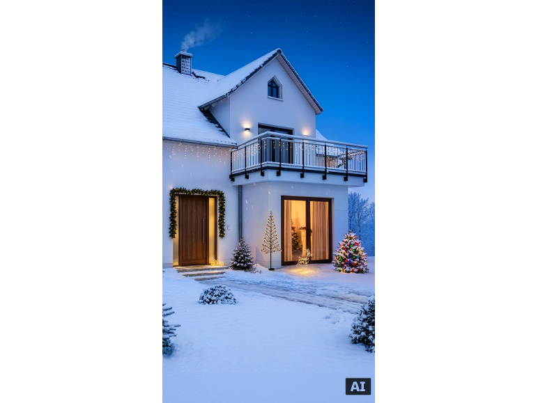 Outdoor Christmas lights and decorations on a snowy house.