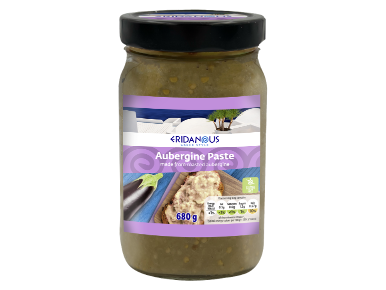 Greek style aubergine paste in a glass jar, with nutritional information and 680g.