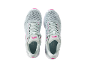 Pair of light blue trainers with pink accents, top view.
