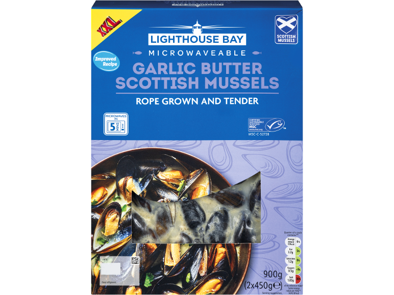 Microwaveable garlic butter Scottish mussels, rope grown and tender, in a 900g pack.