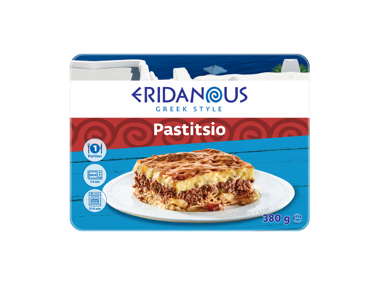 Greek style pastitsio packaging with cooking instructions and 380g weight.