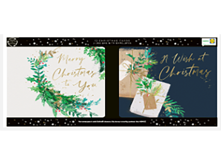 Pack of two different Christmas cards with elegant festive motifs and text.