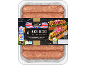 Pack of 6 smoky pork hotdog sausages, with certifications and serving suggestions.