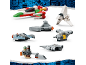 Six miniature building block spacecraft, including one red-green, on a white background with blue details.