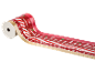 Red and gold Christmas ribbons with snowflake, stripe, tree patterns and 'MERRY CHRISTMAS' text.