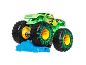 Green monster truck with yellow rims and a blue crush car.