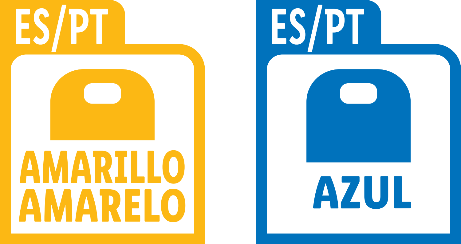 ES/PT label in yellow and blue with texts 'AMARILLO AMARELO' and 'AZUL'.