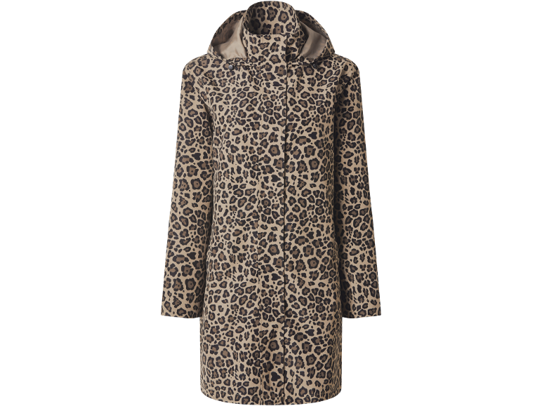 Leopard print rain jacket with a hood.