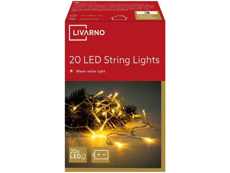 Livarno 20 LED String Lights, warm white, with 6-hour timer, for indoor use.