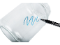 Blue marker drawing a wavy line on a clear glass jar.