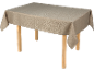 Beige tablecloth with damask pattern on a wooden table.