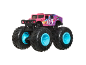 Pink and purple monster truck with the number 105 and blue rims.