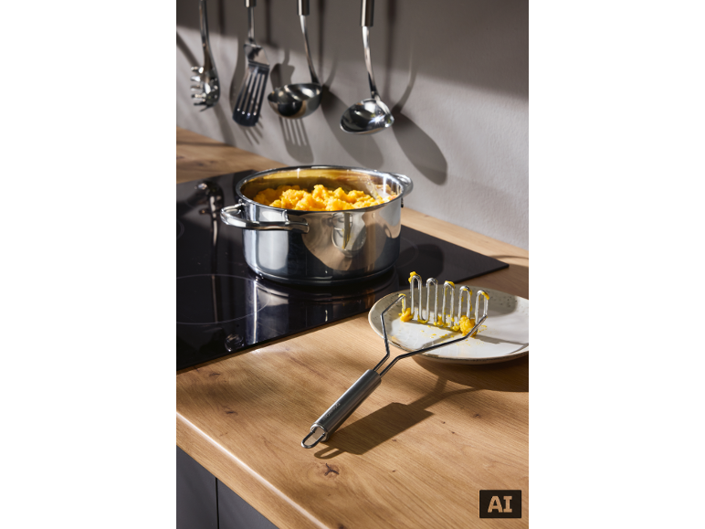 Pot of mashed vegetables on a hob, with a potato masher on a plate