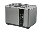 Modern two-slice toaster with digital display and control panel on a black background.