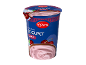 Greek style cherry yogurt in a blue cup with cherry illustrations.