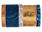 Christmas ribbons in blue, gold, and white with text and festive motifs.