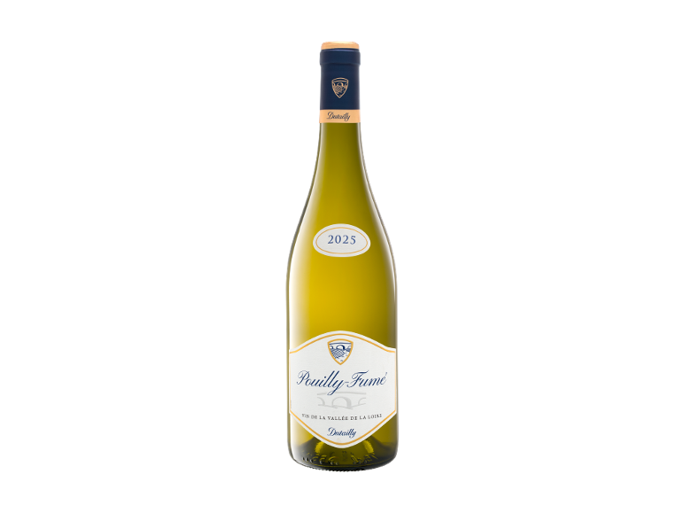 White wine bottle Pouilly-Fumé 2025 with a white label and golden details.