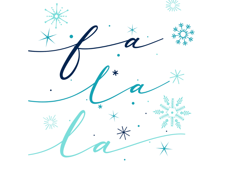 Christmas text 'fa la la' in blue shades with snowflakes.