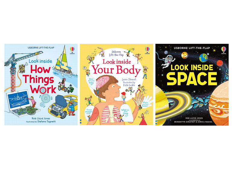 Three children's lift-the-flap books about how things work, the body, and space.