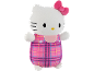 White cat plush with a pink bow and pink plaid overalls.