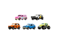 Six toy cars, including a pink ice cream van, a white off-road vehicle, an orange 4x4, a blue hatchback, and a yellow monster truck.