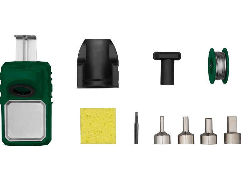 Soldering station with accessories: soldering tip, sponge, solder wire spool, and nozzles.