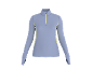 Women's long-sleeved sports top, purple with yellow details and a zipper.