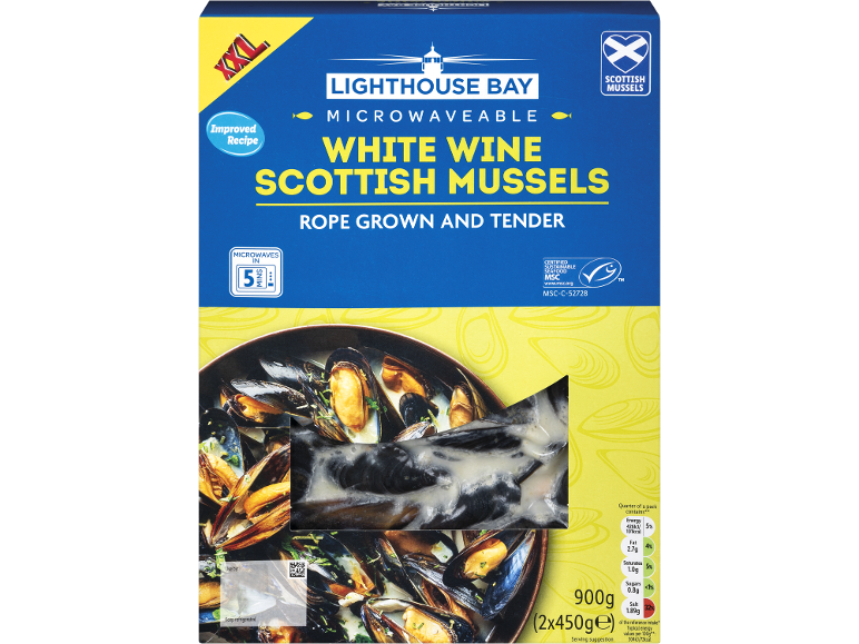 XXL microwaveable white wine Scottish mussels, rope grown and tender, 900g.