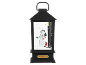 Black Christmas lantern with a snowman, a gift, and 'CHRISTMAS' text.