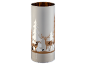 White and gold cylindrical candle holder with a deer and forest silhouette design
